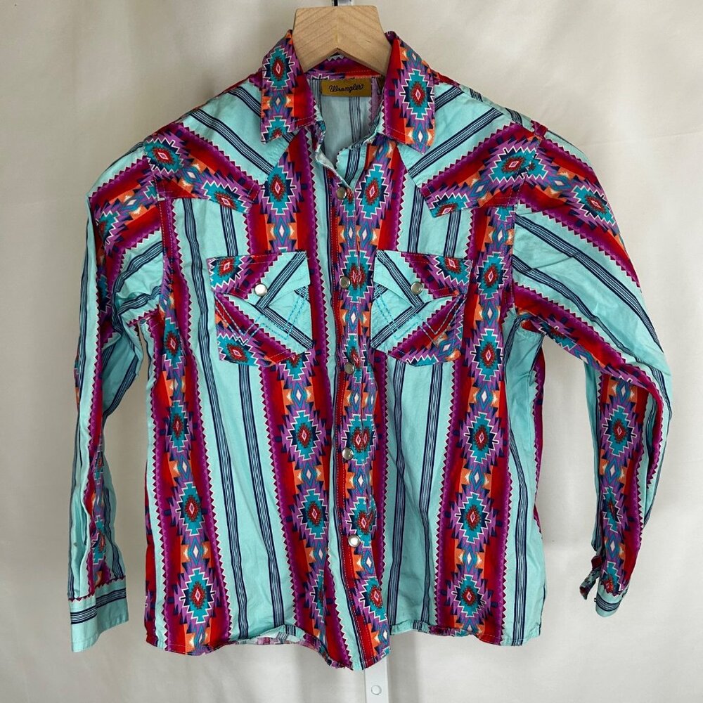 Wrangler Size XL Girls Pearl Snap Aztec Print Long Sleeve Shirt Button Down Casu
